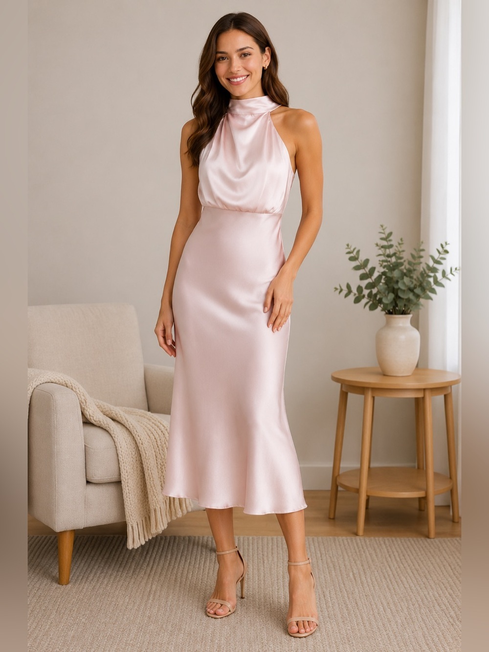 Lulus Blush Satin Asymmetrical Shoulder Midi Dress | Elegant Occasion Dress - XS - Picture 1 of 10
